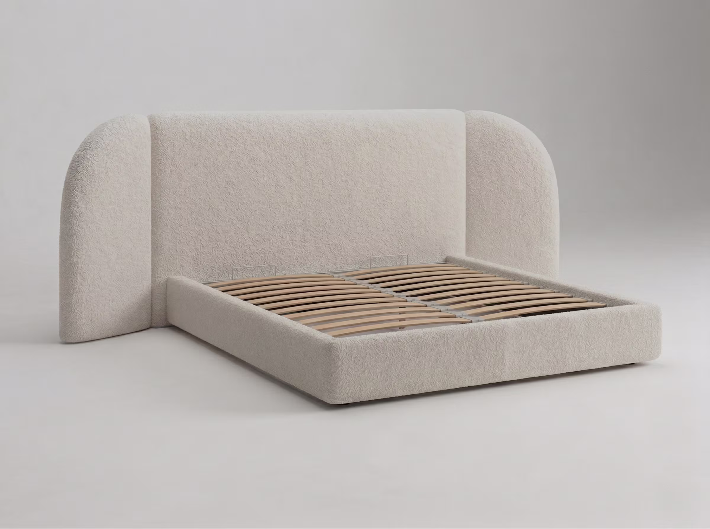 Ортопедическое основание с берёзовыми ламелями кровать двуспальная в обивке премиум букле с широким изголовьем Lavena