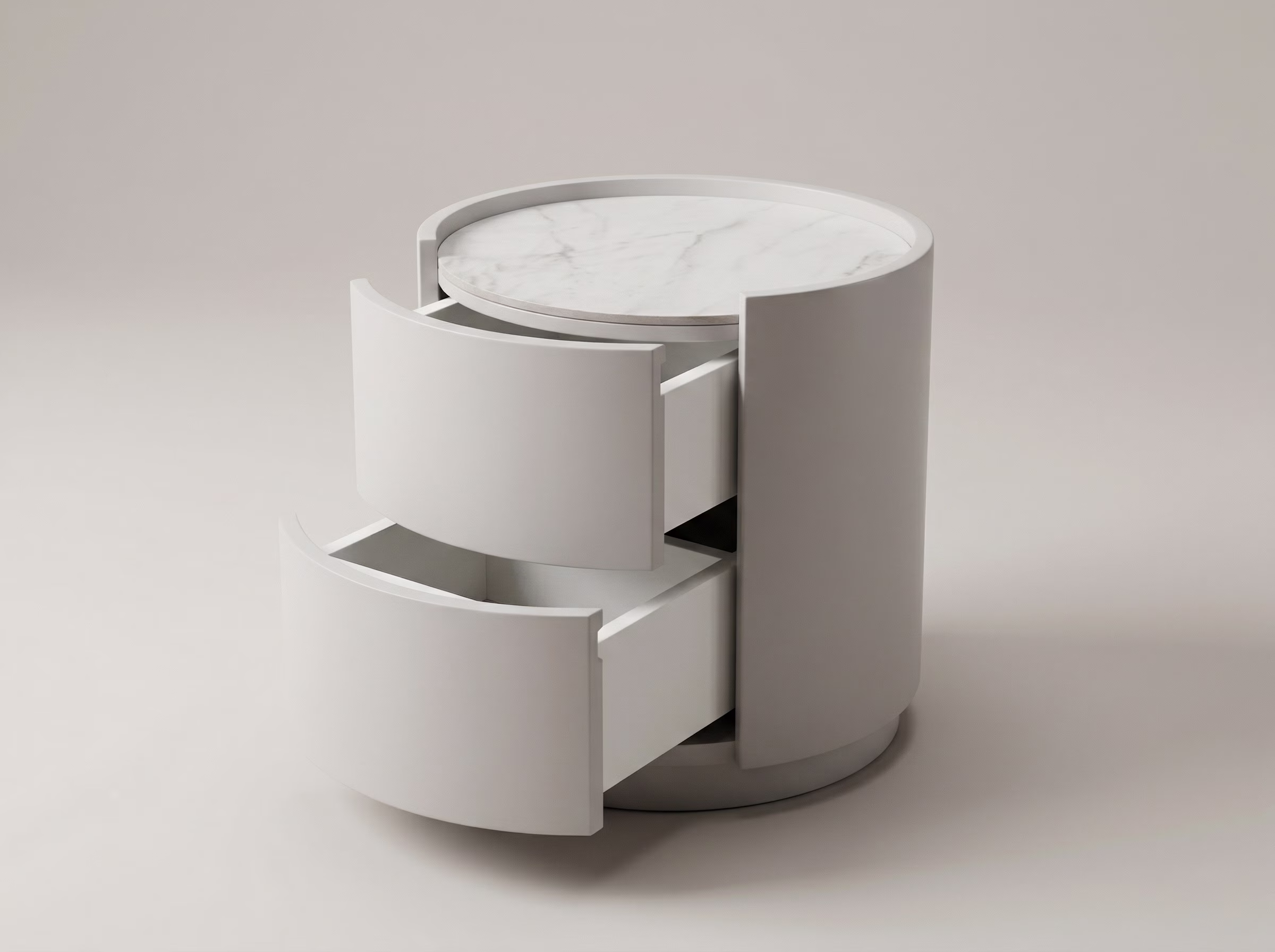 Выдвижные ящики скрытого монтажа в круглой тумбе ORBA