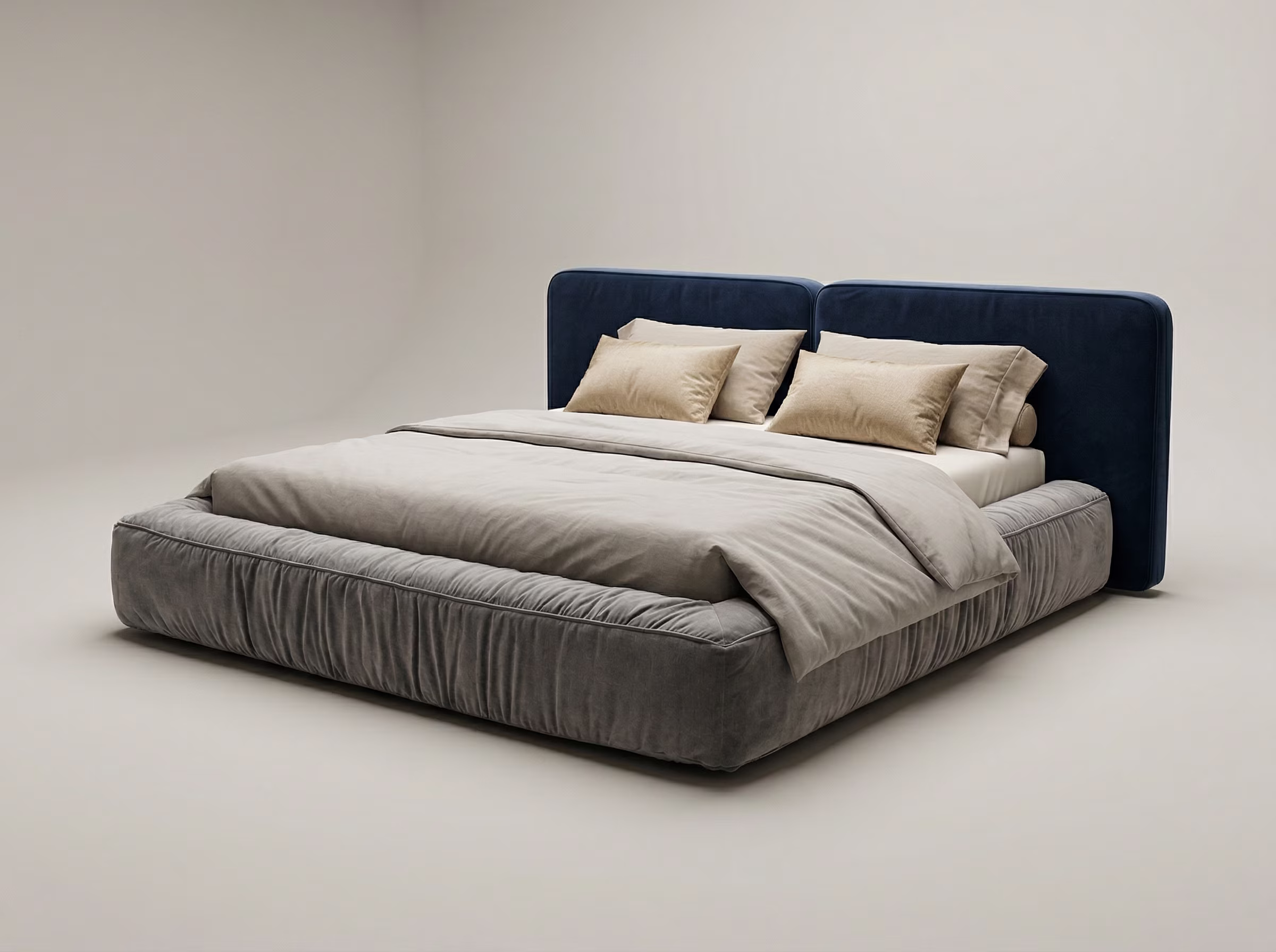 Двойное мягкое изголовье и царги кровати MUSS Cloud в премиальной ткани